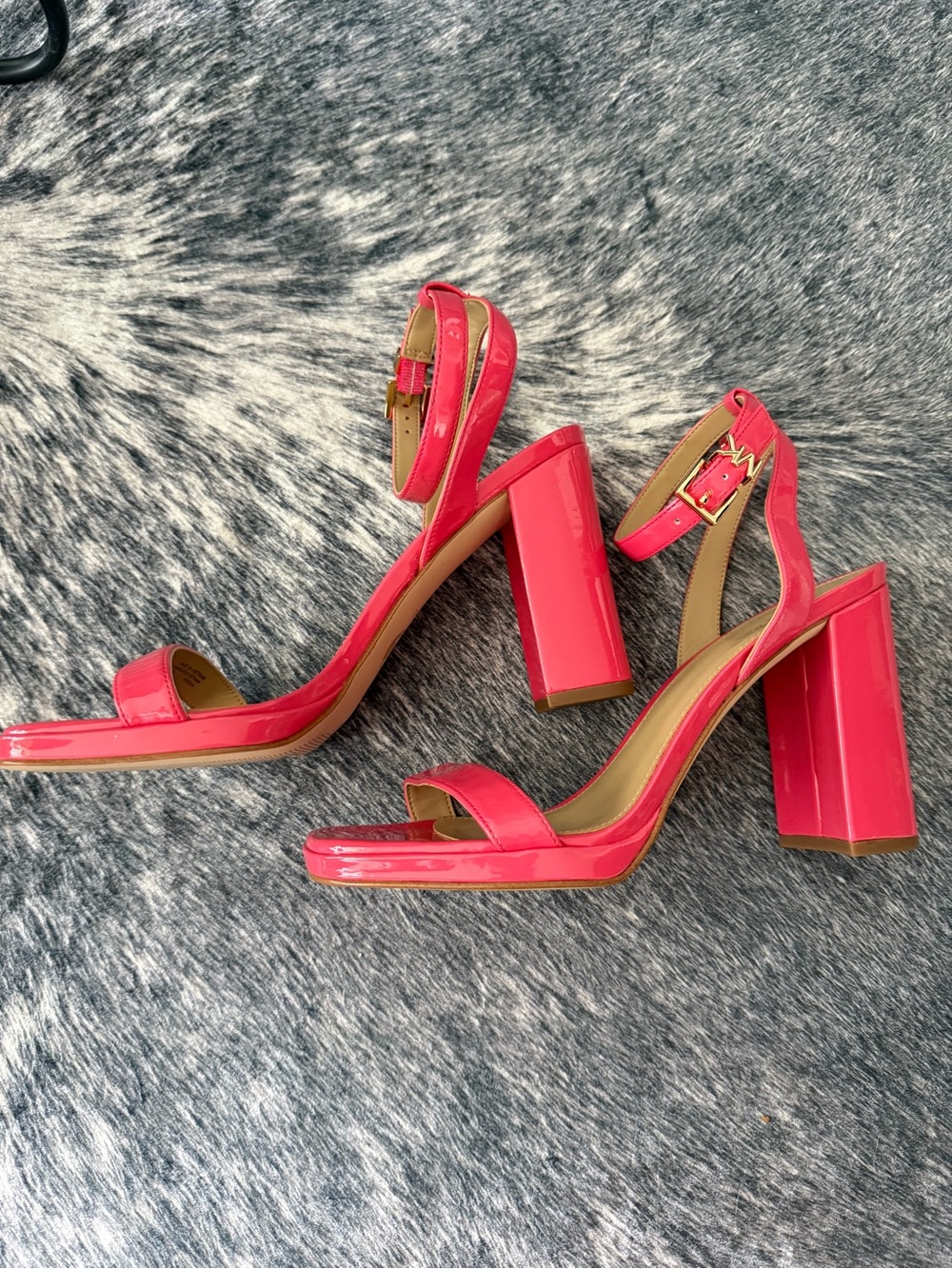 Michael Kors Patent Block Heel Sandals in Hot Coral Pink